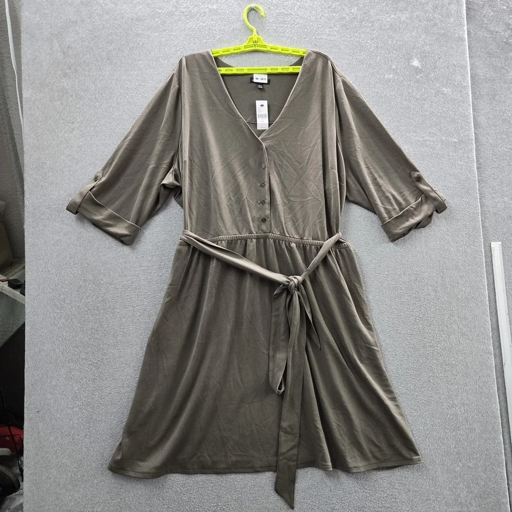 Lane Bryant Women Dress 26/28 Olive Fit & Flare Button Relaxed 3/4 Sleeve NWT